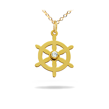 14K Solid Gold Symbol Diamond Necklace - Ship Wheel