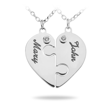 Personalized  Heart Puzzle Necklace with Names Engraved and two Zirconia Stones