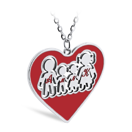 Carved Heart Shaped Family Necklace with Red Enamel (Font 5)