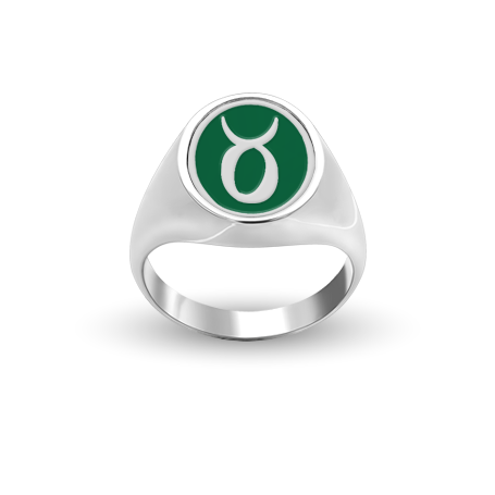 Custom Silver  Oval-Top Signet Ring (White) with Zodiac sign and Enamel