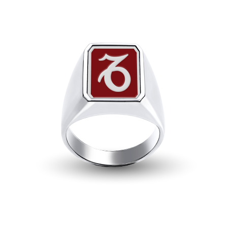 Custom Silver  Rectangle-Top (White) Signet Ring with Zodiac sign and Enamel