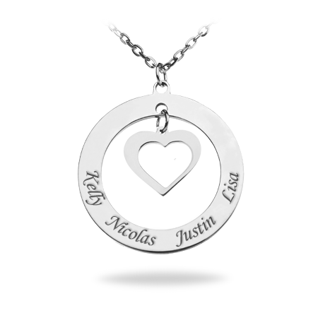 Pierced Disc Necklace with Pierced Heart & Engraved Names