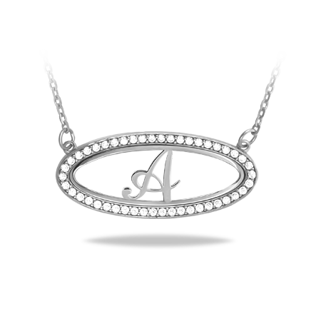 Horizontal Oval Frame Necklace with Initial and Zirconia