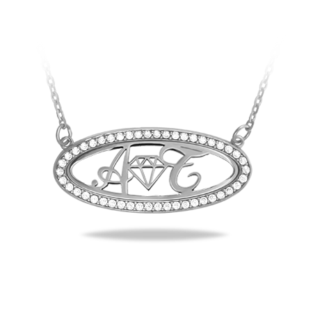 Oval Frame Necklace with Double Initials - Symbol and Zirconia