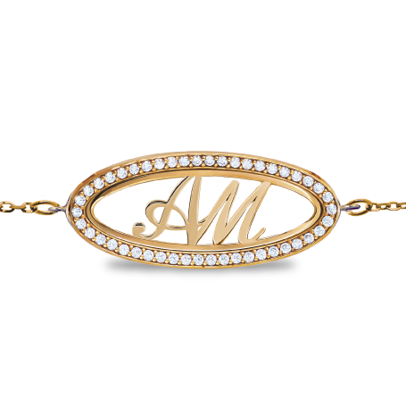 Name Bracelet in Oval Frame with chain & Zirconia - Double Initial