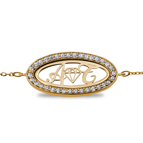 Name Bracelet in Oval Frame with chain & Zirconia - Double Initial & Symbol and zirconia stones