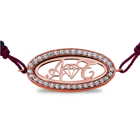 Name Bracelet in Oval Frame with cord & Zirconia - Double Initial & Symbol and zirconia stones