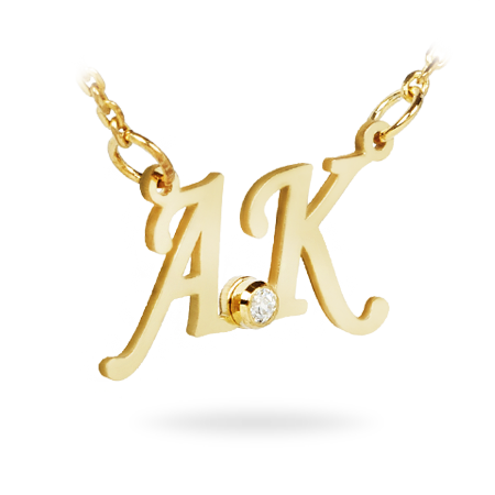 14K Solid Gold Necklace withTwo Initials and Diamond (Font 2)