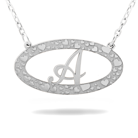 Oval Horizontal Frame Necklace with Initial and Hearts Pattern