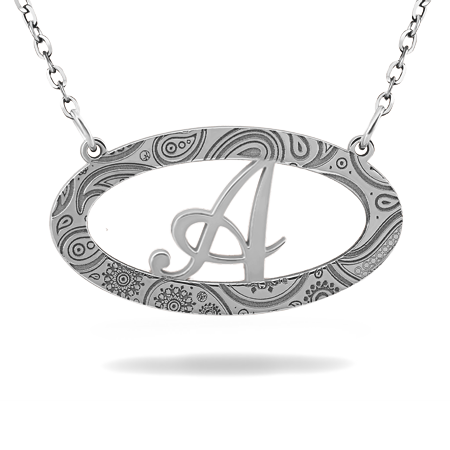 Oval Horizontal Frame Necklace with Initial and Paisley Pattern