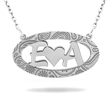 Silver Oval Horizontal Frame with Patterns Necklace - Double Initials and Symbol