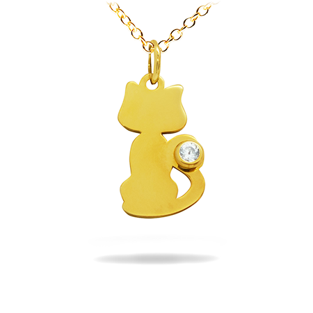 14K Solid Gold Diamond Pendant - Cat