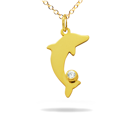 14K Solid Gold Diamond Pendant - Dolphin