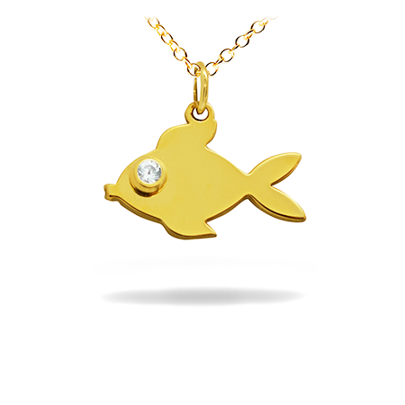 14K Solid Gold Diamond Pendant - Fish