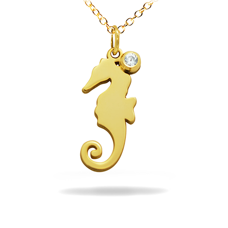 14K Solid Gold Diamond Pendant - Hippocampus