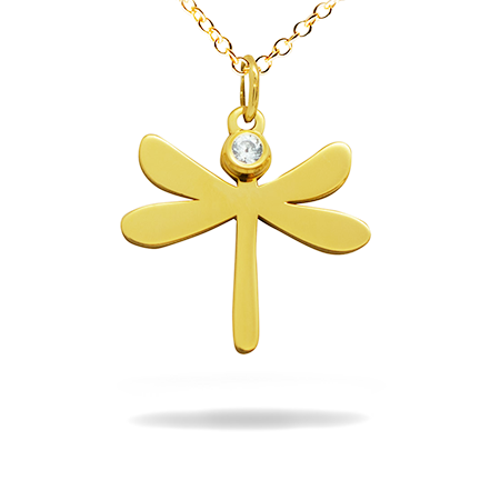 14K Solid Gold Diamond Pendant - Dragonfly