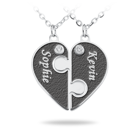 Carved Heart Puzzle Necklace with bas relief letters and two Zirconia