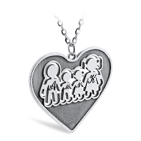 Carved Heart Shaped Family Necklace with Initials Engraved (Font 5)