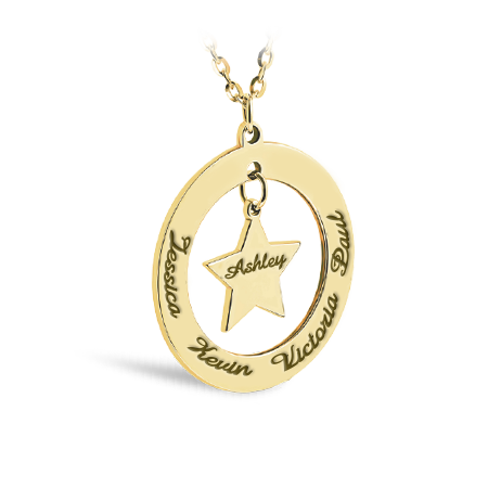 Pierced Disc Necklace with Star & Engraved Names