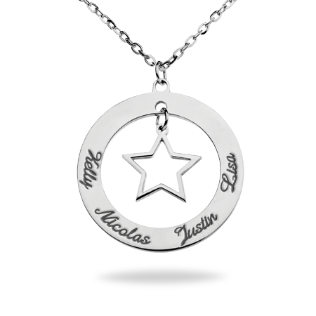 Pierced Disc Necklace with Pierced Star & Engraved Names