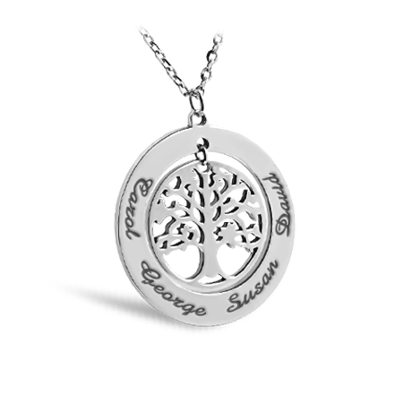Family Tree Necklace in a Circle Ring with Engraved Names