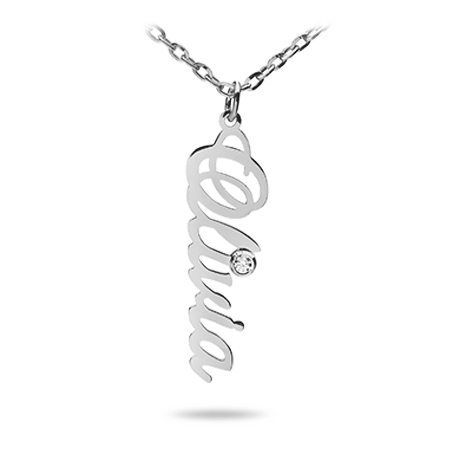 Sterling Silver Name Necklace Classic Vertical with Zirconia Stone (medium)