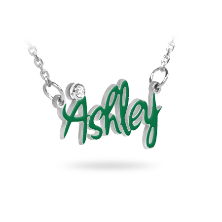 Silver (WHITE) Name Necklace Enamelled with Zirconia Stone (Font 1)