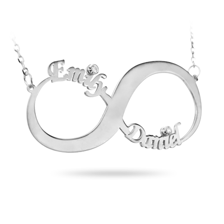 Sterling Silver Infinity Necklace with Names and two zirconia stones (Font 2)