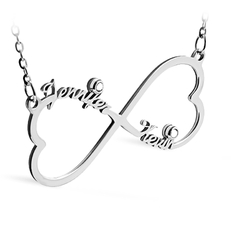 Sterling Silver Heart shape Infinity Necklace with Names and two zirconia (Font 5)