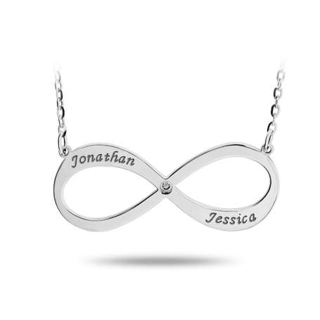 Infinity Necklace with Engraved Names and a central zirconia stone (Font 2)