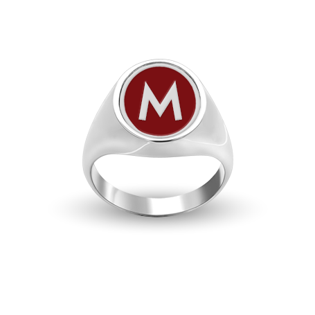 Custom Silver Oval-Top Ring with (White) Initial and Enamel 